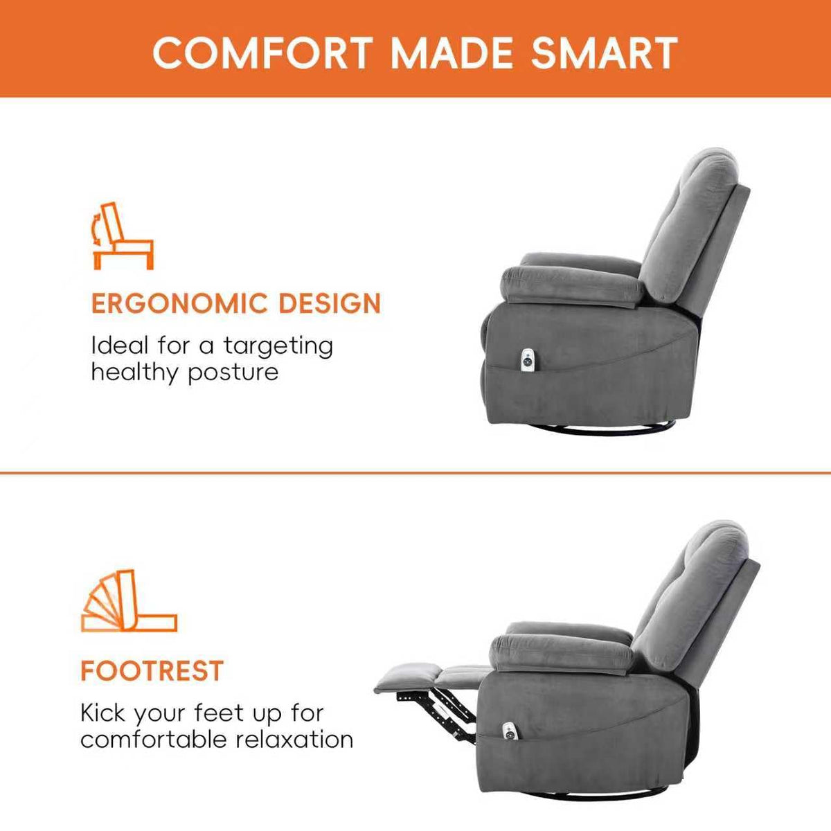 Velvet Grey Power Swivel Rocker Recliner with Massage and Heat Y81670