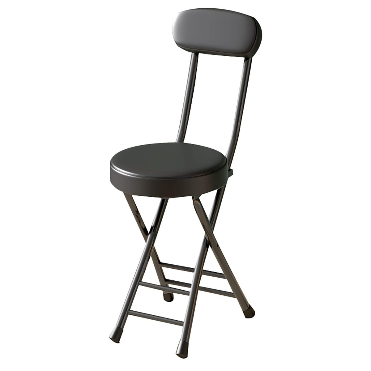 18 Inch Folding Stool with Backrest, Leather Padded Seat, Black F83232
