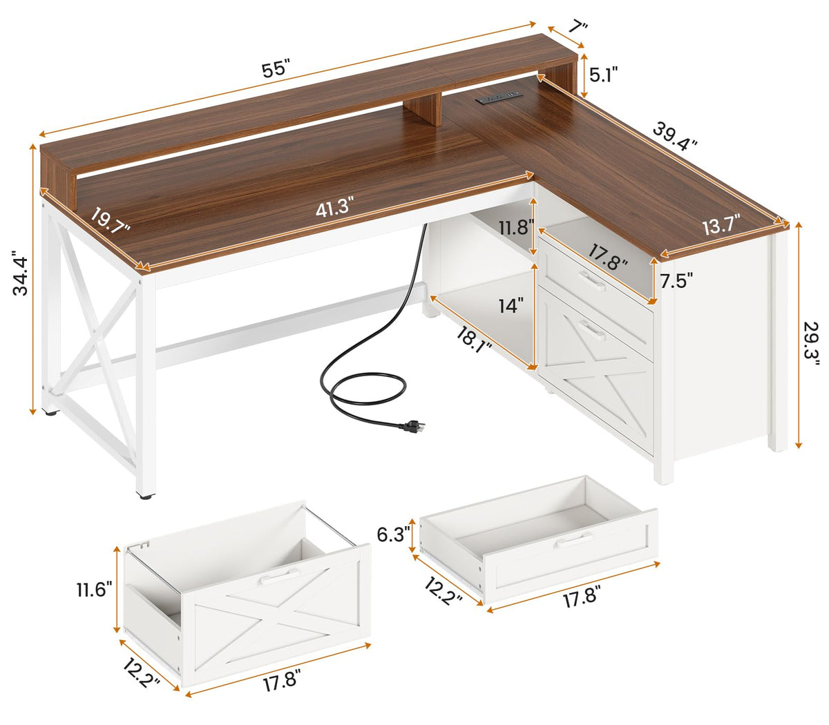 Brown L Shaped Desk with Drawers and Storage Shelves V355