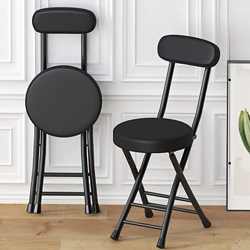18 Inch Folding Stool with Backrest, Leather Padded Seat, Black F83232