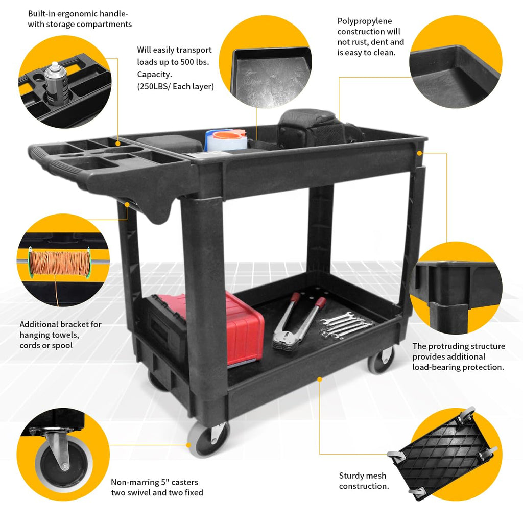 Heavy Duty 2-Shelf Polypropylene Utility Cart 500 lb Capacity H986