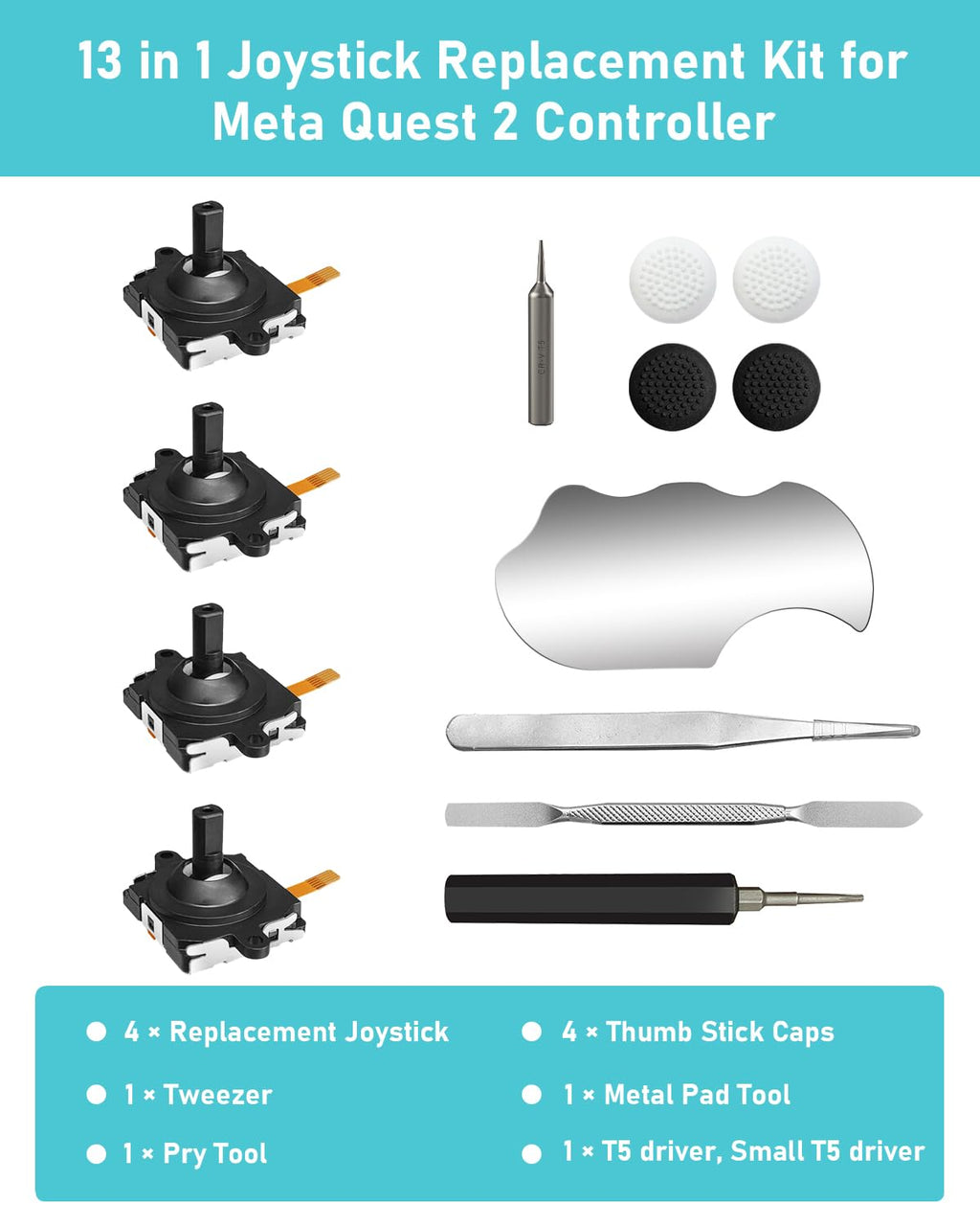 Joystick Replacement Kit for Controller, Include 2 Joysticks, T5 Screwdriver, Tweezer, Pry Tool, 4 Thumbstick Grips H666