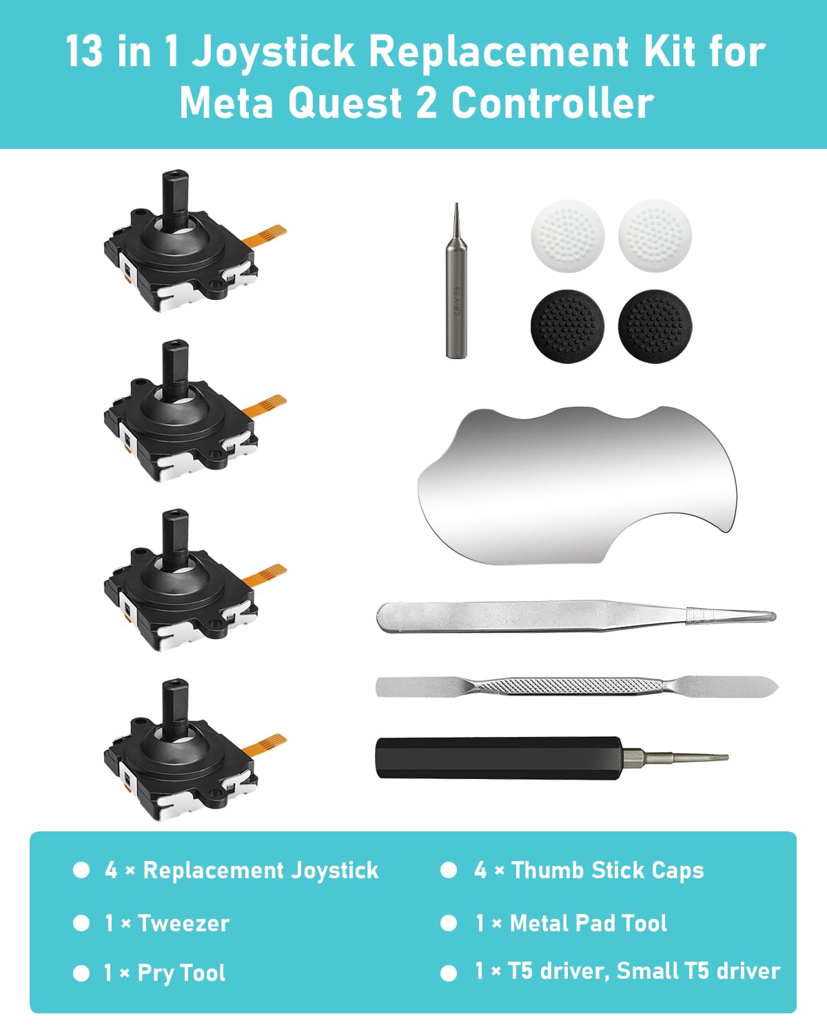 Joystick Replacement Kit for Controller, Include 2 Joysticks, T5 Screwdriver, Tweezer, Pry Tool, 4 Thumbstick Grips H666