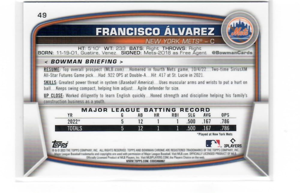 2023 Bowman Chrome Mega Box Mojo Refractor Red #49 Francisco Alvarez RC Baseball Card V881