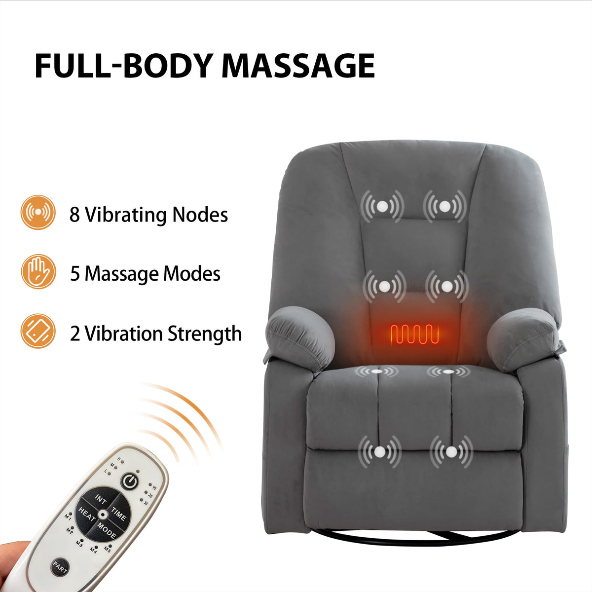Velvet Grey Power Swivel Rocker Recliner with Massage and Heat Y81670