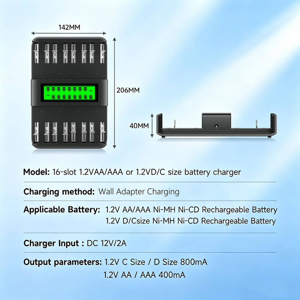 16 Bay AA AAA C D NiMH Battery Charger with LCD Display F45614