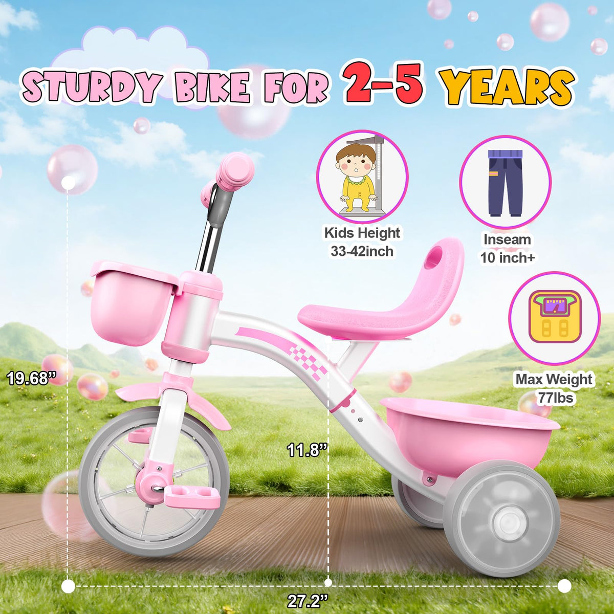 Pink Toddler Tricycle with Adjustable Seat and Light Wheels R7835