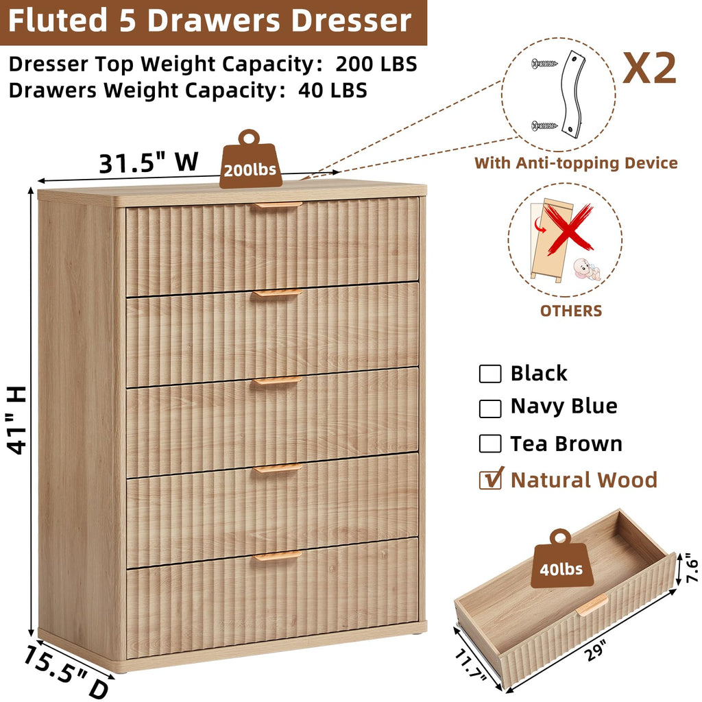 Fluted 5 Drawers Natural Wood Dresser N1056
