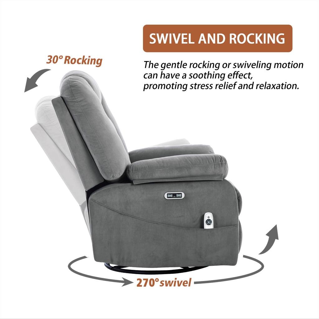 Velvet Grey Power Swivel Rocker Recliner with Massage and Heat Y81670
