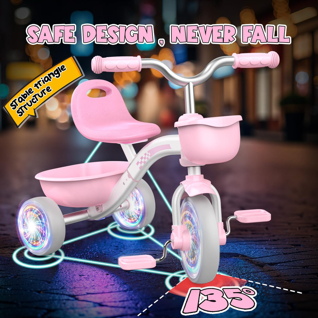 Pink Toddler Tricycle with Adjustable Seat and Light Wheels R7835