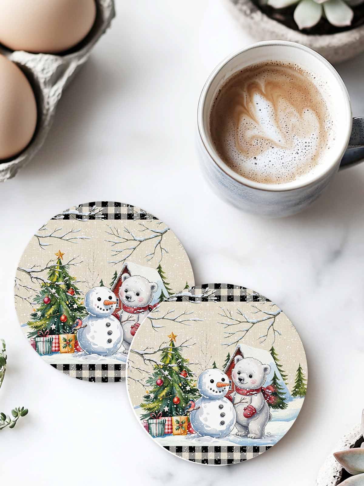 Set of 6 Christmas Coasters with Holder Absorbent Stone Ceramic J983252