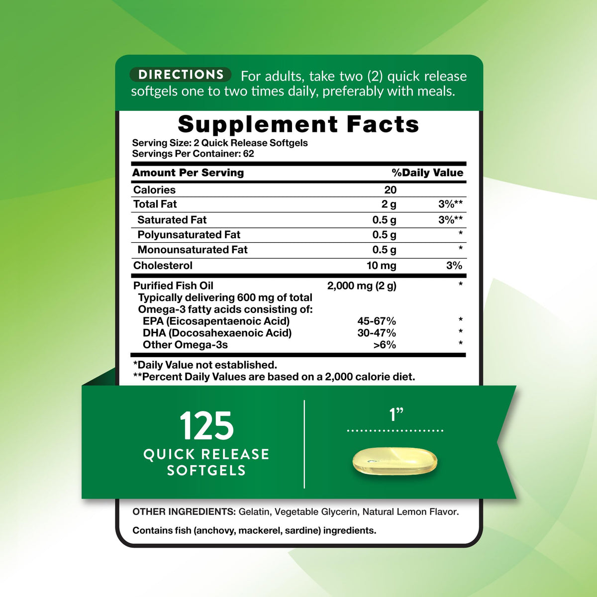 Omega 3 Fish Oil 2000 mg 125 Softgels H8179
