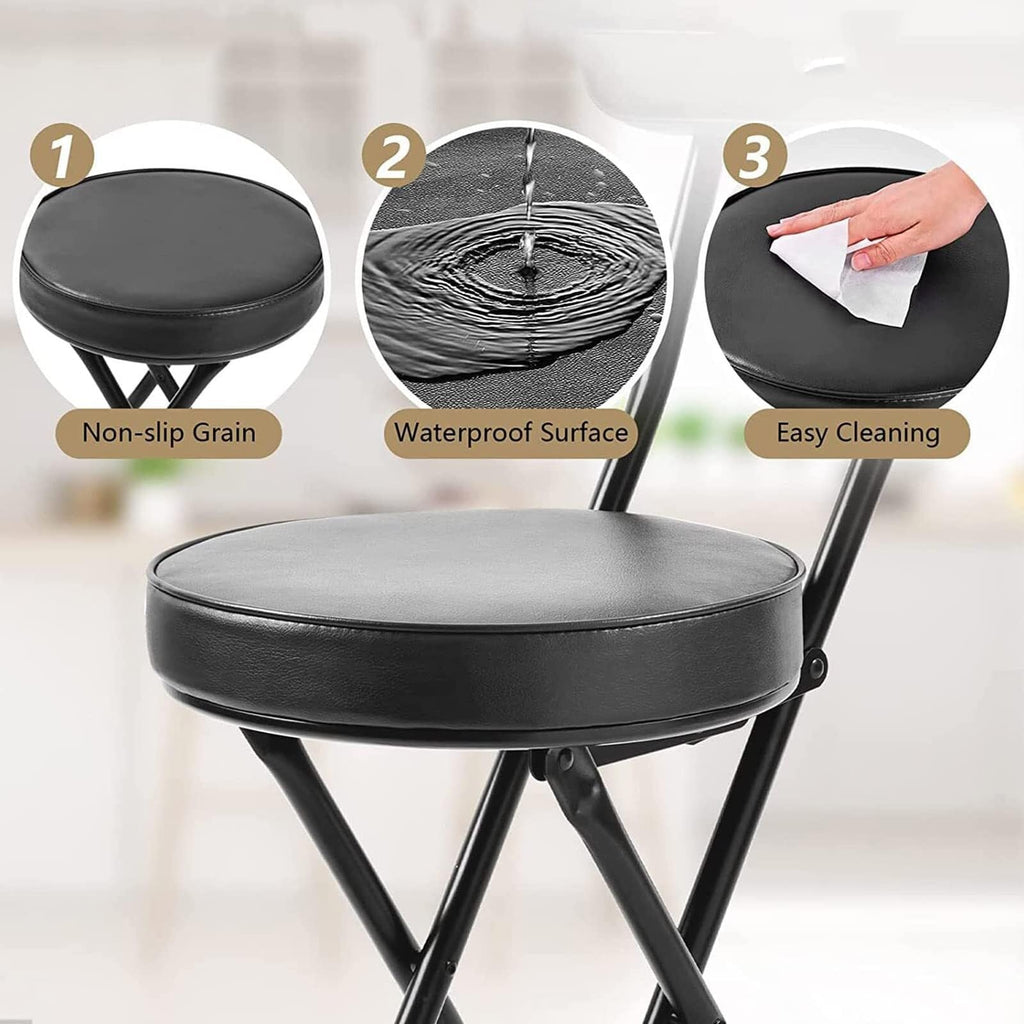18 Inch Folding Stool with Backrest, Leather Padded Seat, Black F83232