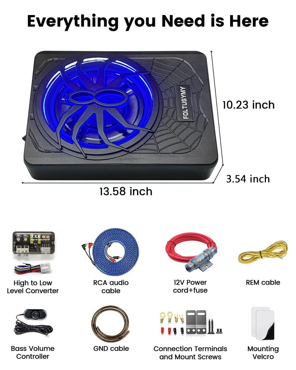 1200W 10" Slim Under Seat Powered Car Subwoofer with Blue LED Light P971953