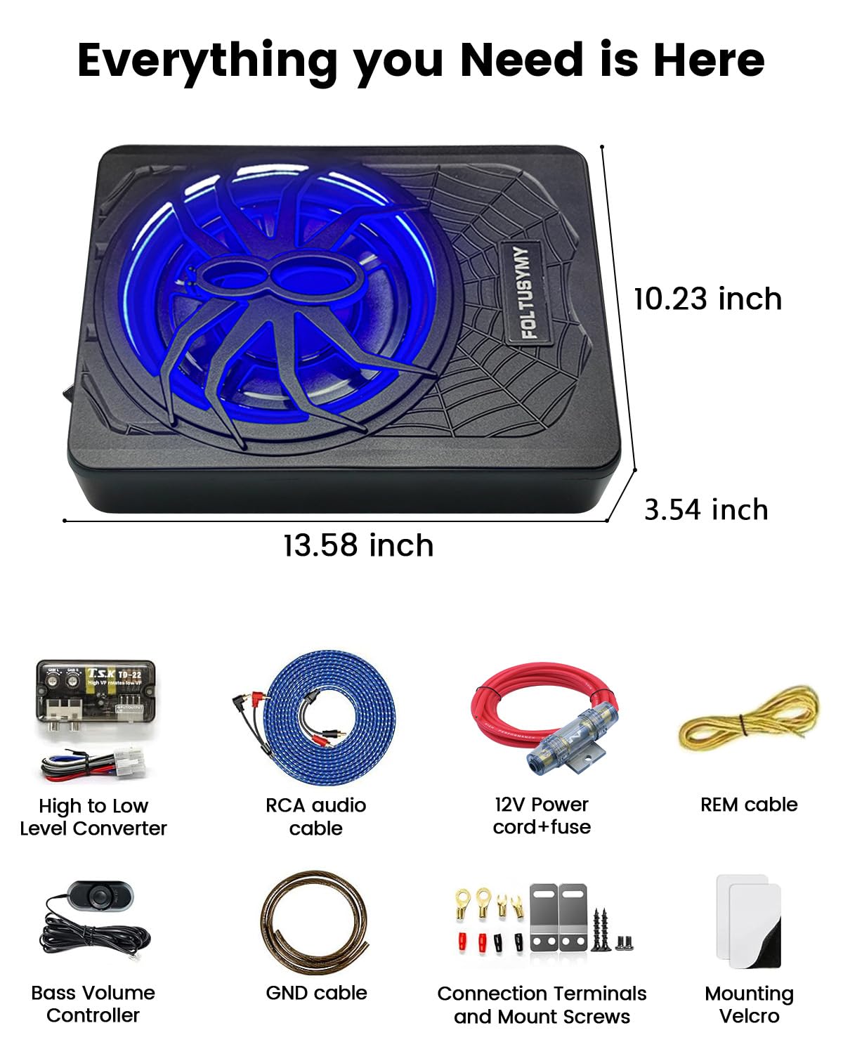 1200W 10" Slim Under Seat Powered Car Subwoofer with Blue LED Light P971953