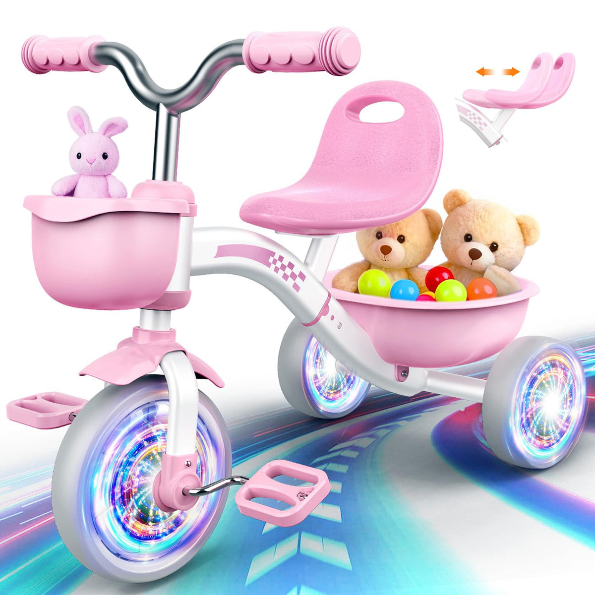 Pink Toddler Tricycle with Adjustable Seat and Light Wheels R7835