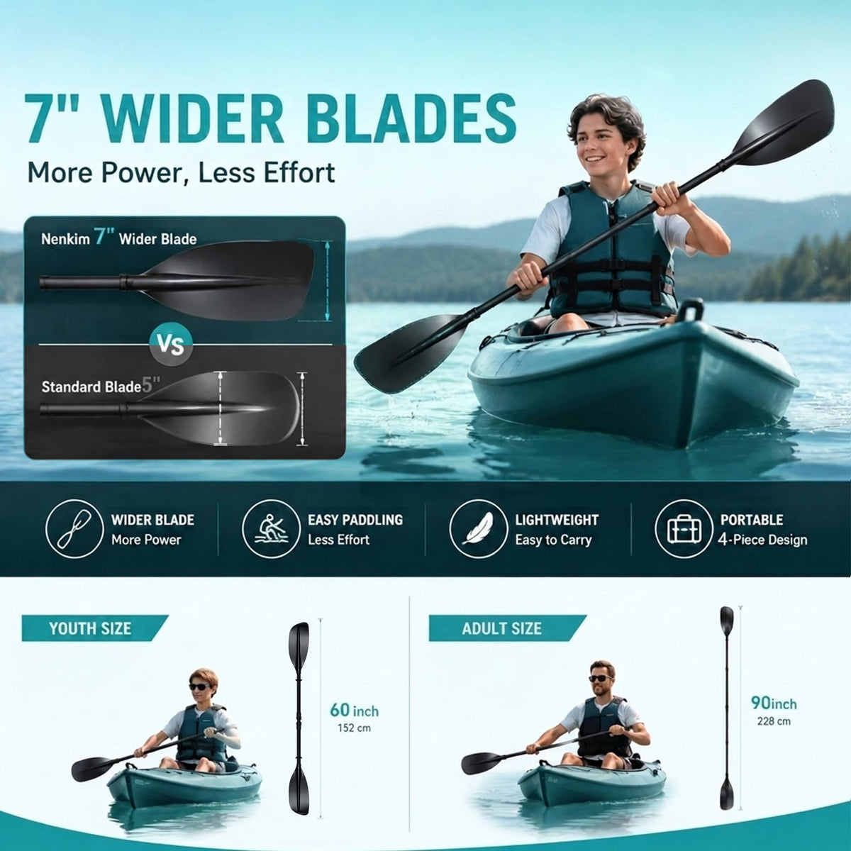 4 Piece Adjustable Kayak Paddle with Storage Bag P38940