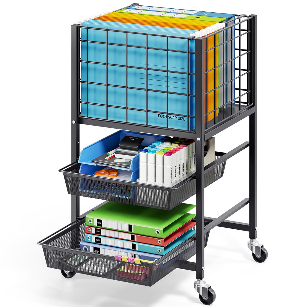 3-Tier Metal Rolling File Cart with 2 Sliding Trays Black D888