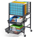 3-Tier Metal Rolling File Cart with 2 Sliding Trays Black D888
