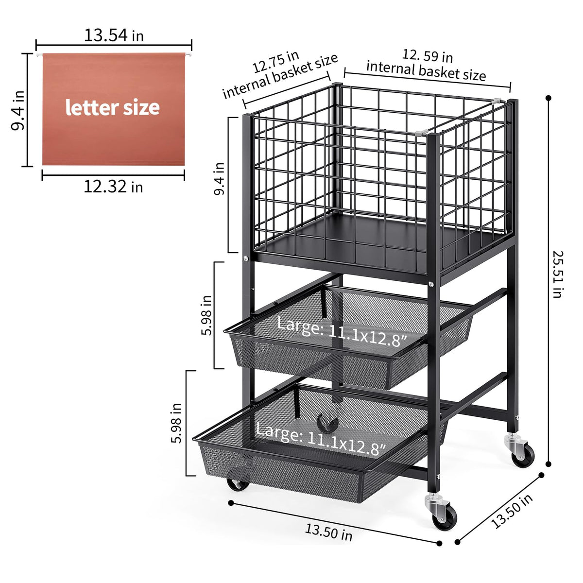 3-Tier Metal Rolling File Cart with 2 Sliding Trays Black D888