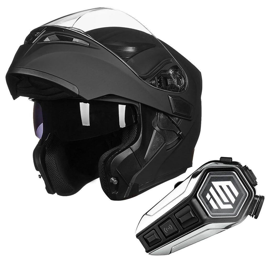 Matte Black Modular Full Face Motorcycle Helmet and Bluetooth Headset O6742