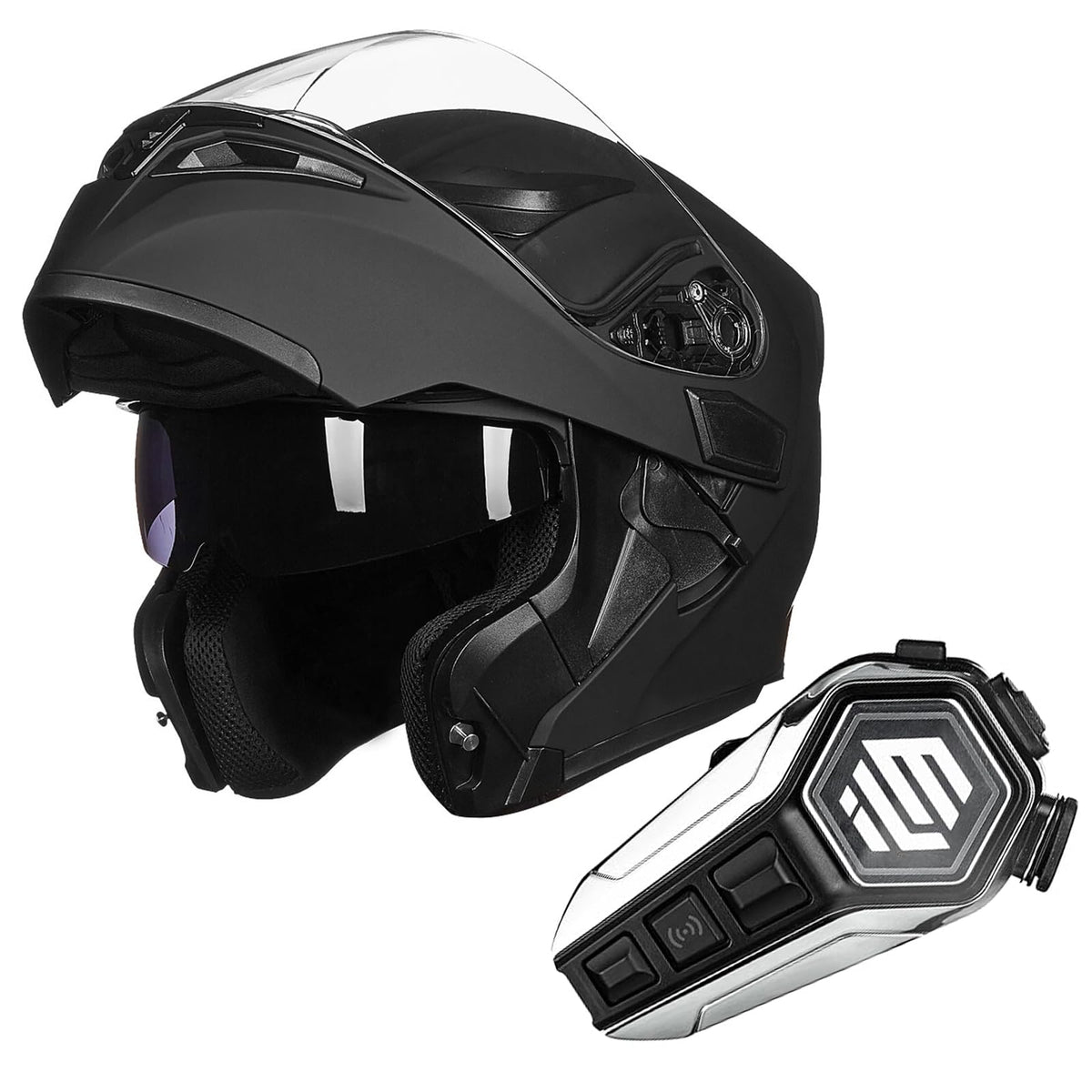 Matte Black Modular Full Face Motorcycle Helmet and Bluetooth Headset O6742