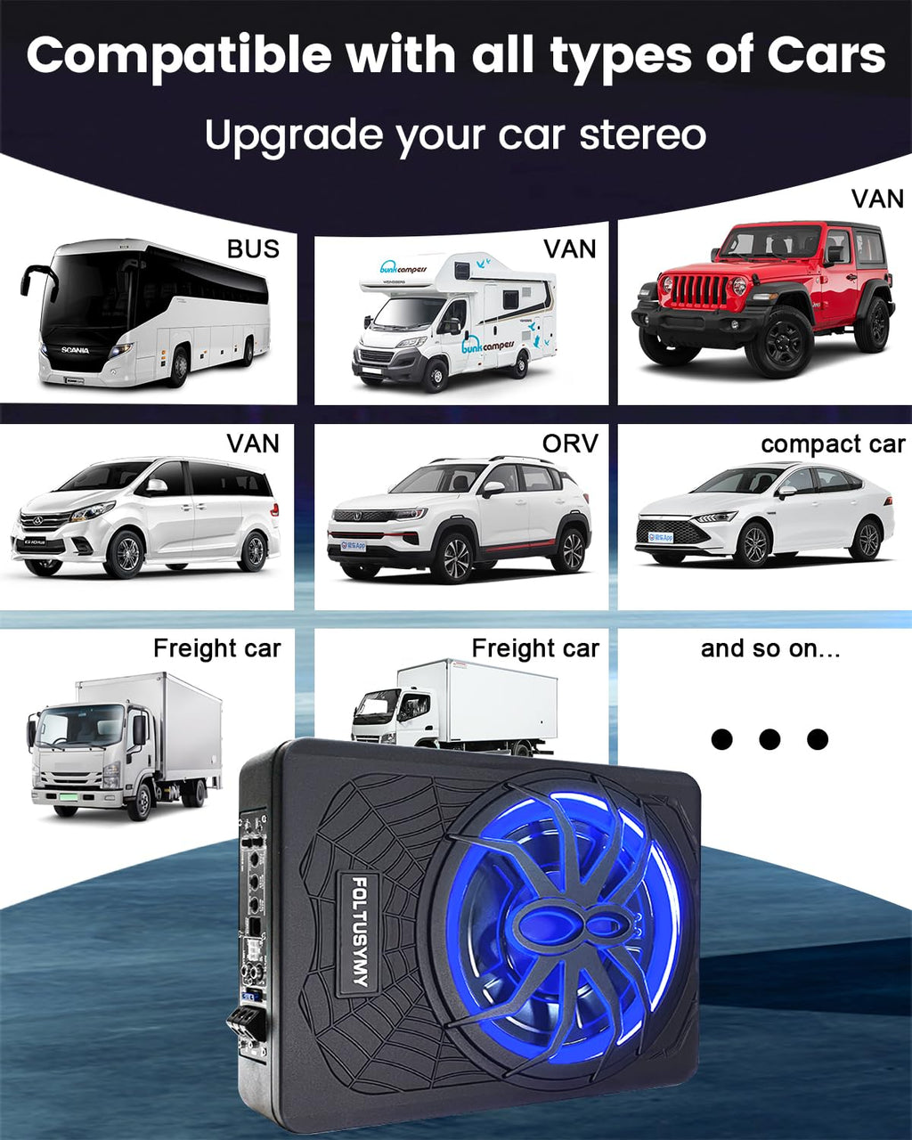 1200W 10" Slim Under Seat Powered Car Subwoofer with Blue LED Light P971953