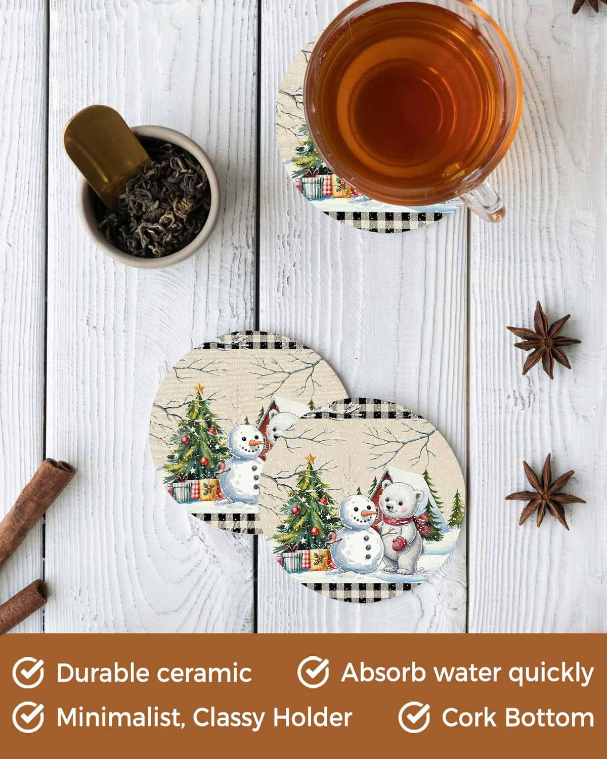 Set of 6 Christmas Coasters with Holder Absorbent Stone Ceramic J983252
