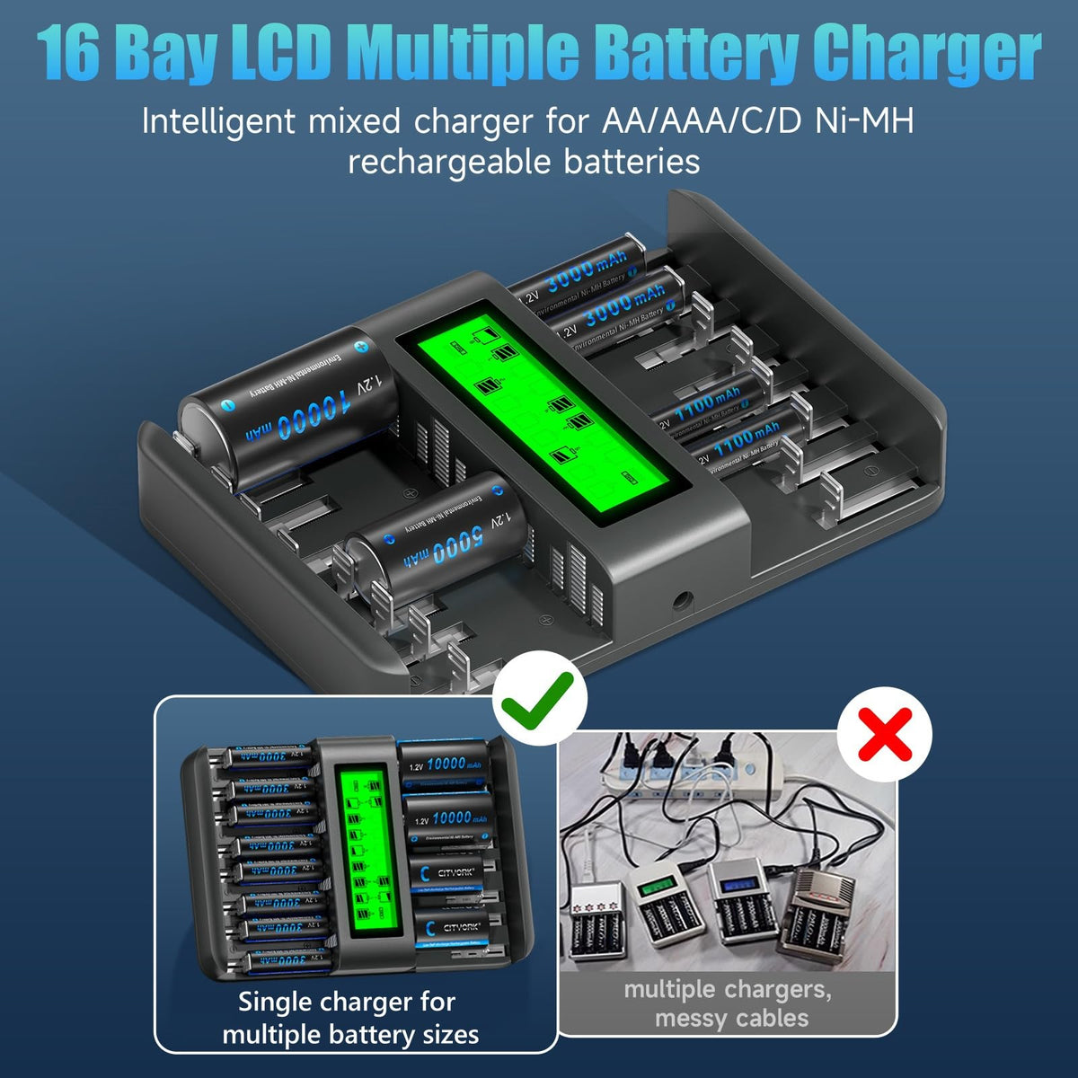 16 Bay AA AAA C D NiMH Battery Charger with LCD Display F45614
