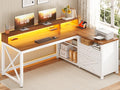 Brown L Shaped Desk with Drawers and Storage Shelves V355