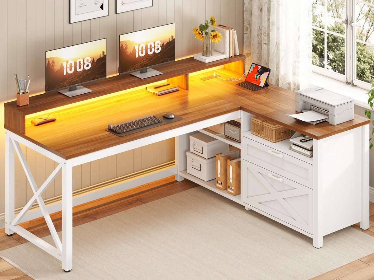 Brown L Shaped Desk with Drawers and Storage Shelves V355