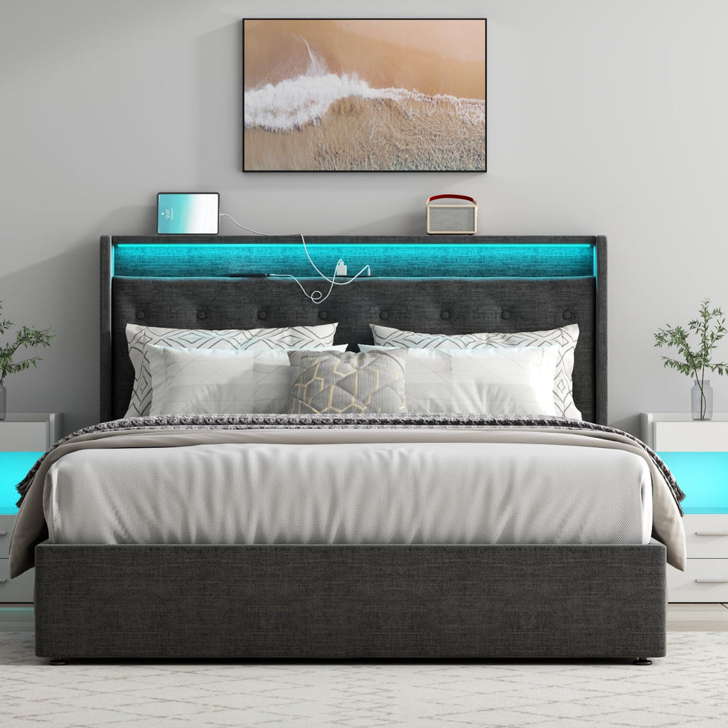 Queen Lift Up Storage Bed Frame with Charging Station & LED Lights Dark Grey D468327