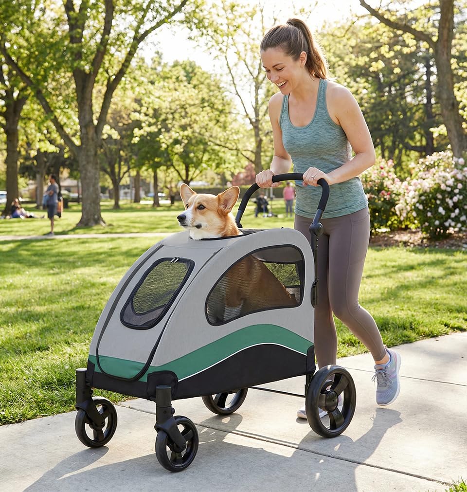 Extra Large Foldable Dog Stroller with Wheels and Brakes A5049