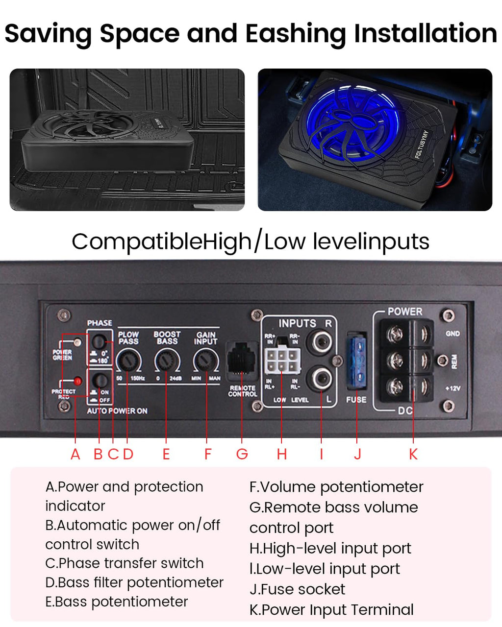 1200W 10" Slim Under Seat Powered Car Subwoofer with Blue LED Light P971953