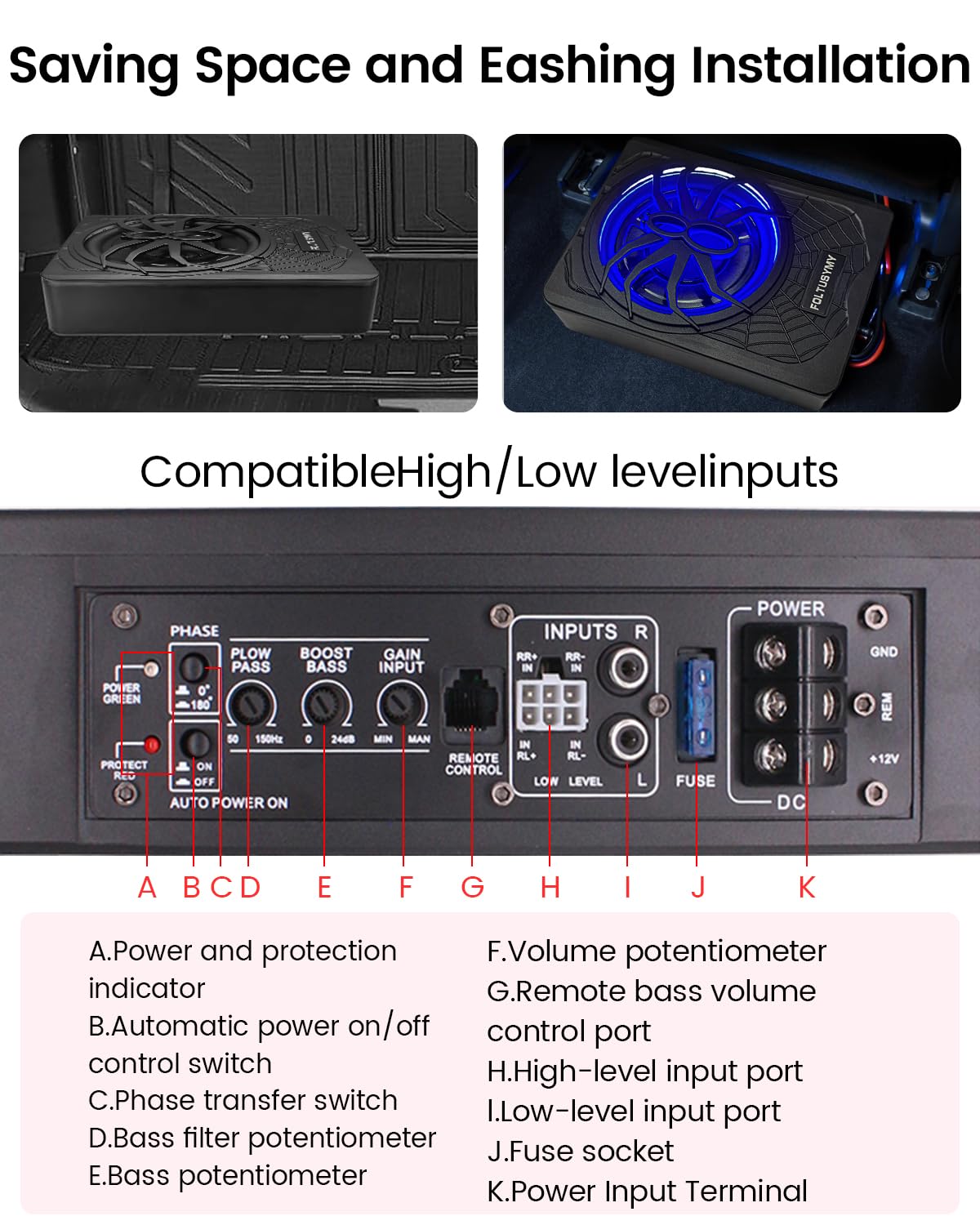 1200W 10" Slim Under Seat Powered Car Subwoofer with Blue LED Light P971953
