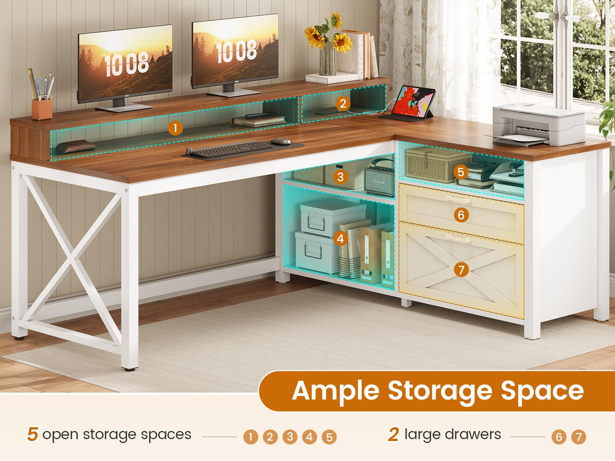 Brown L Shaped Desk with Drawers and Storage Shelves V355