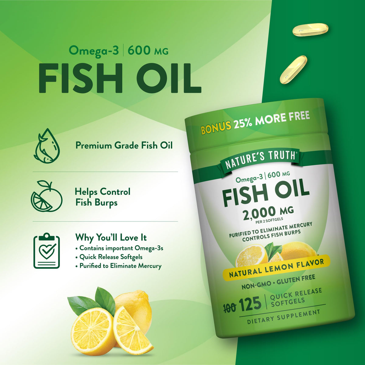 Omega 3 Fish Oil 2000 mg 125 Softgels H8179