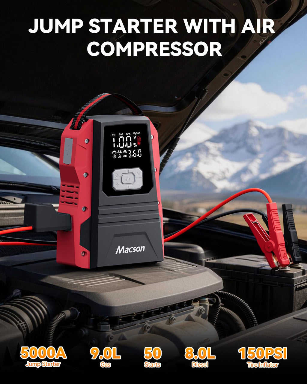 Portable 12V Jump Starter with Air Compressor and 150PSI Tire Inflator P373