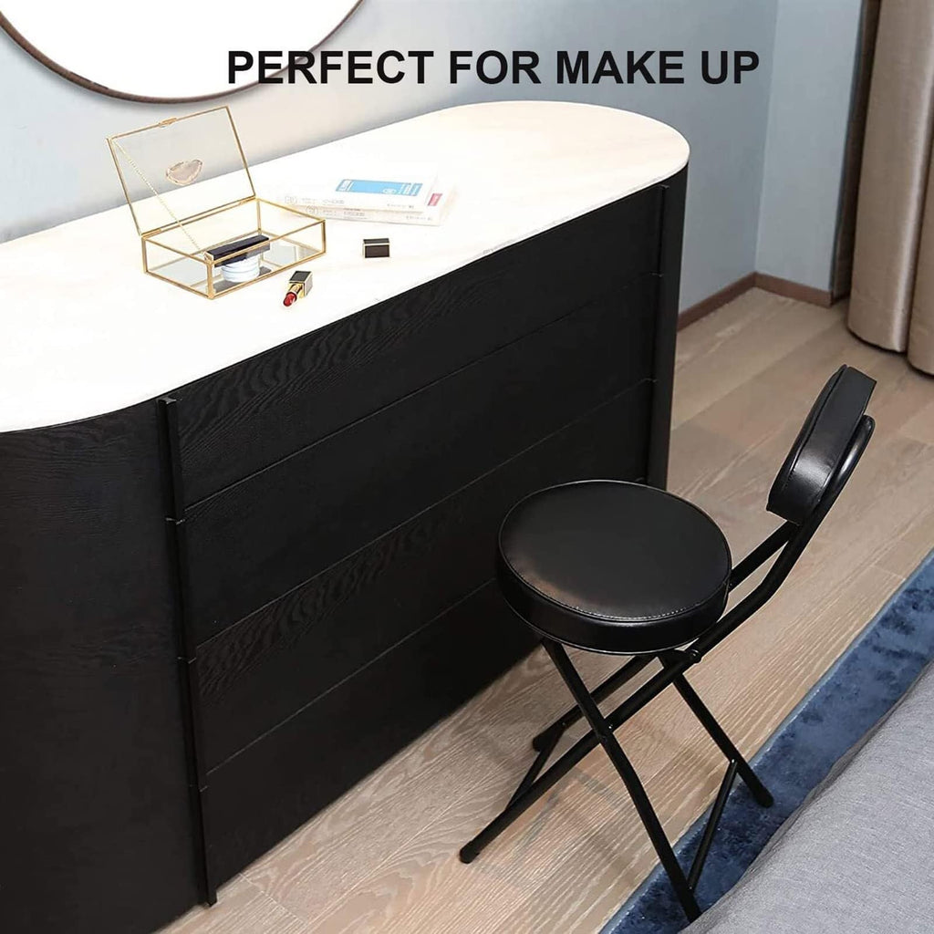 18 Inch Folding Stool with Backrest, Leather Padded Seat, Black F83232