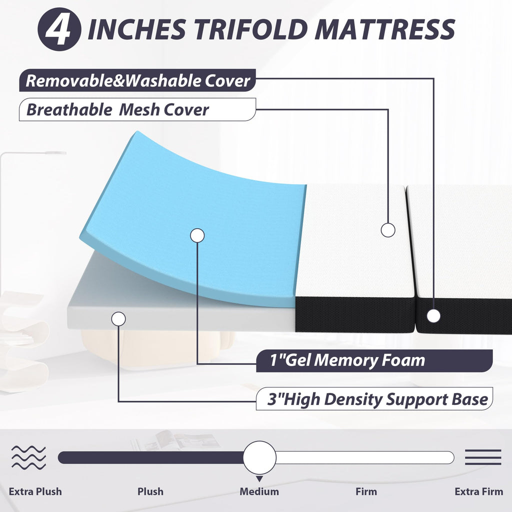 Tri-Fold Gel Memory Foam Mattress with Washable Cover, 3 Inch Queen Z527418