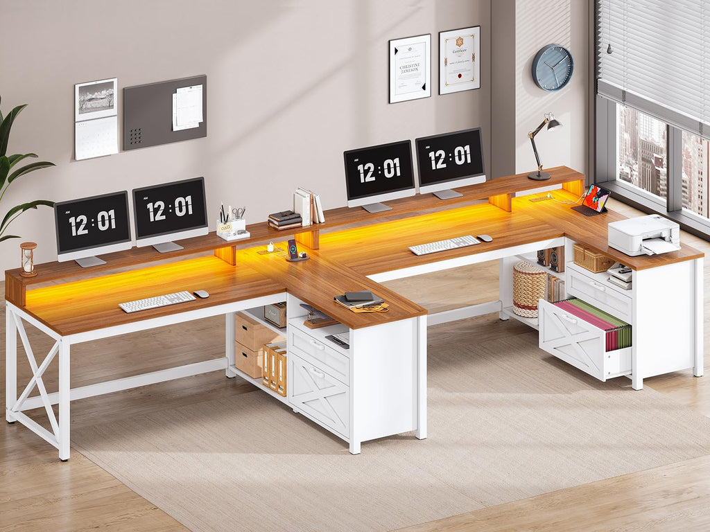 Brown L Shaped Desk with Drawers and Storage Shelves V355