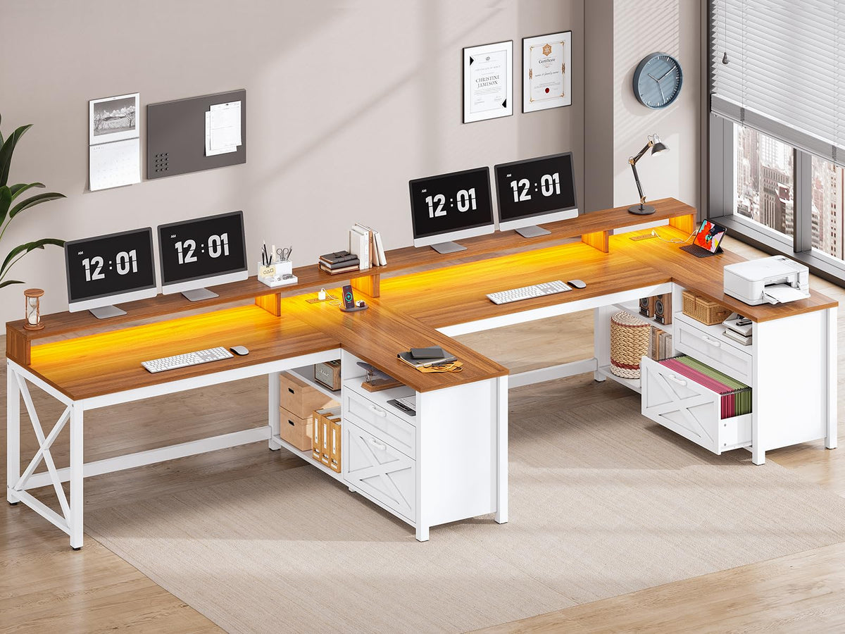 Brown L Shaped Desk with Drawers and Storage Shelves V355