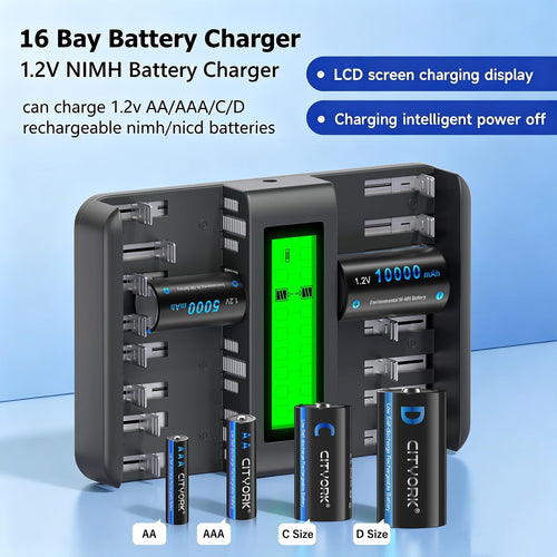 16 Bay AA AAA C D NiMH Battery Charger with LCD Display F45614