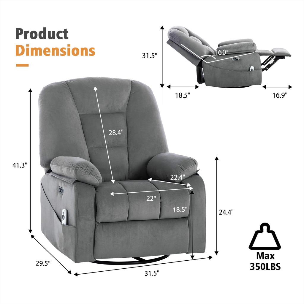 Velvet Grey Power Swivel Rocker Recliner with Massage and Heat Y81670