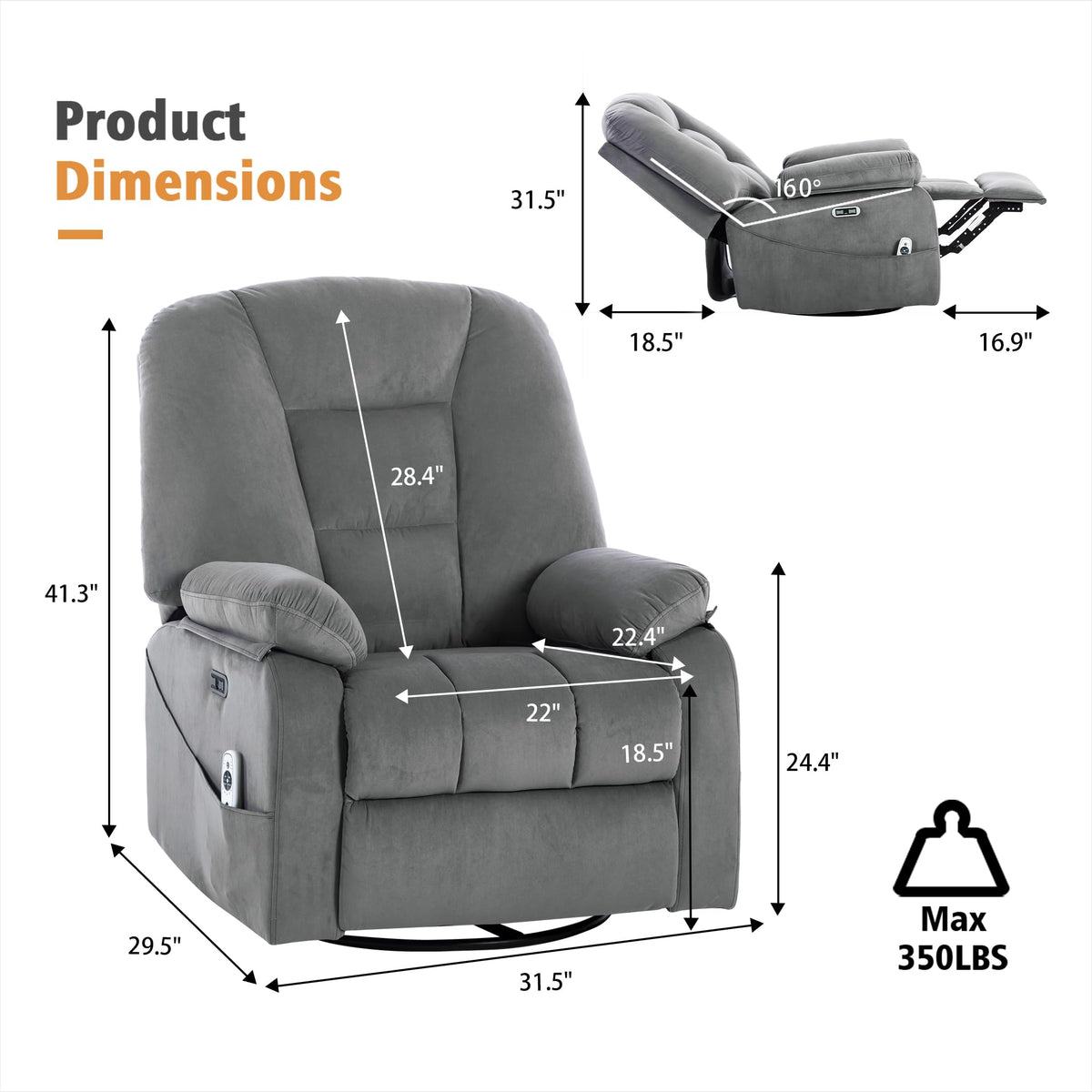 Velvet Grey Power Swivel Rocker Recliner with Massage and Heat Y81670