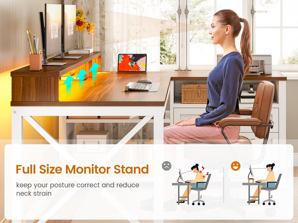 Brown L Shaped Desk with Drawers and Storage Shelves V355