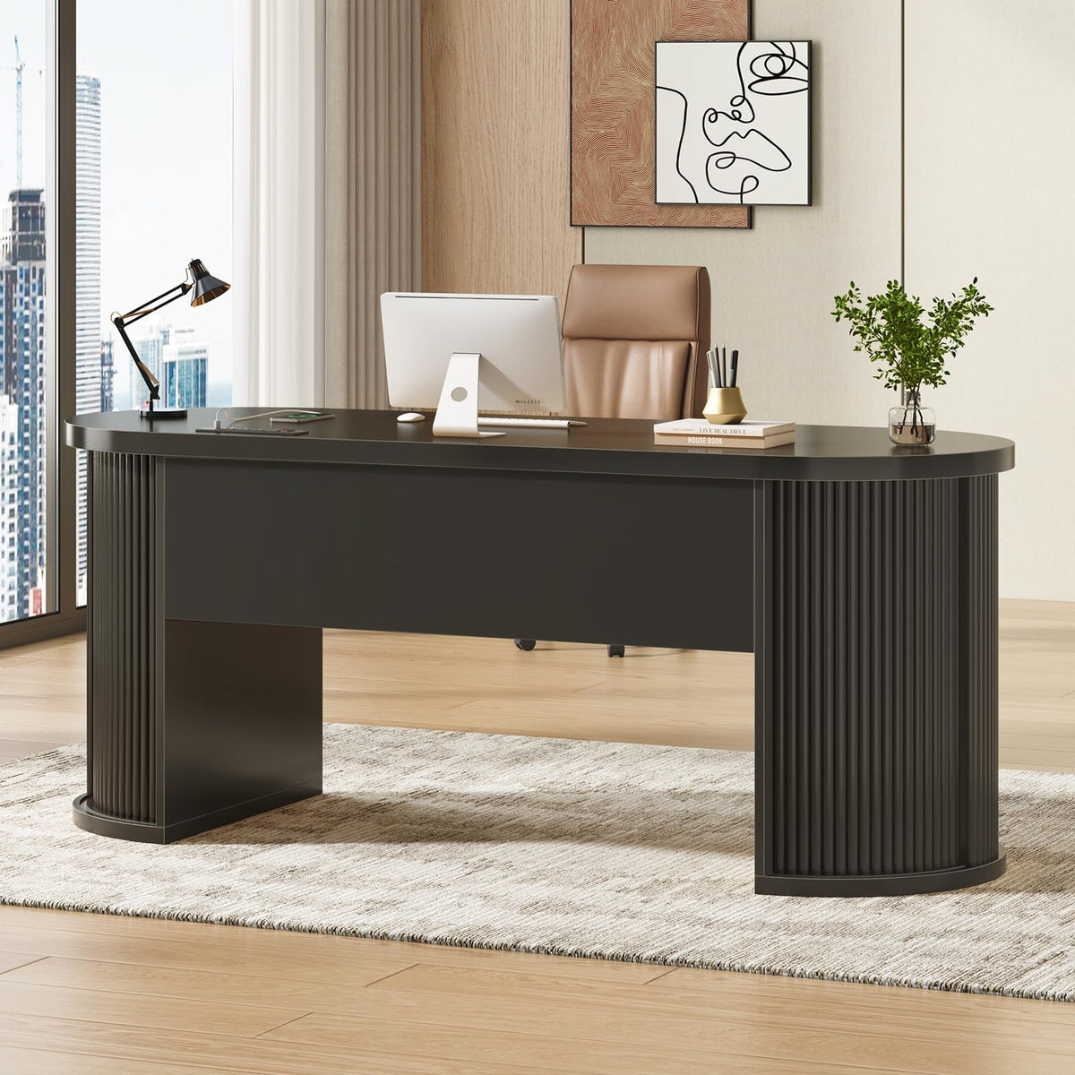 58.3" x 21.7" Fluted Executive Desk with 2 Drawers D876486