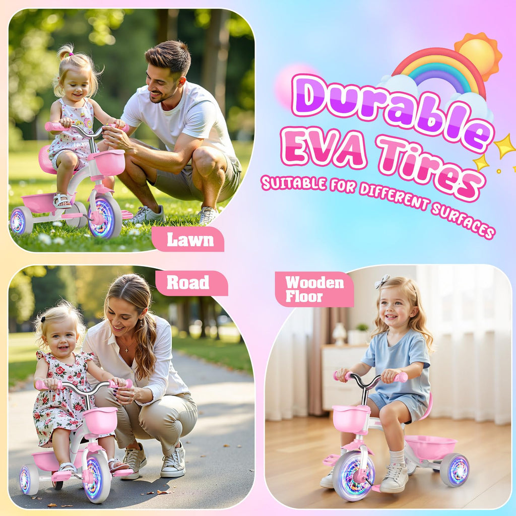 Pink Toddler Tricycle with Adjustable Seat and Light Wheels R7835