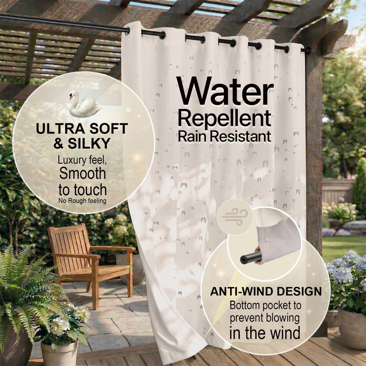 W52 x L108 Weather-resistant Grommet Top Curtains (2 Panels) Y77555