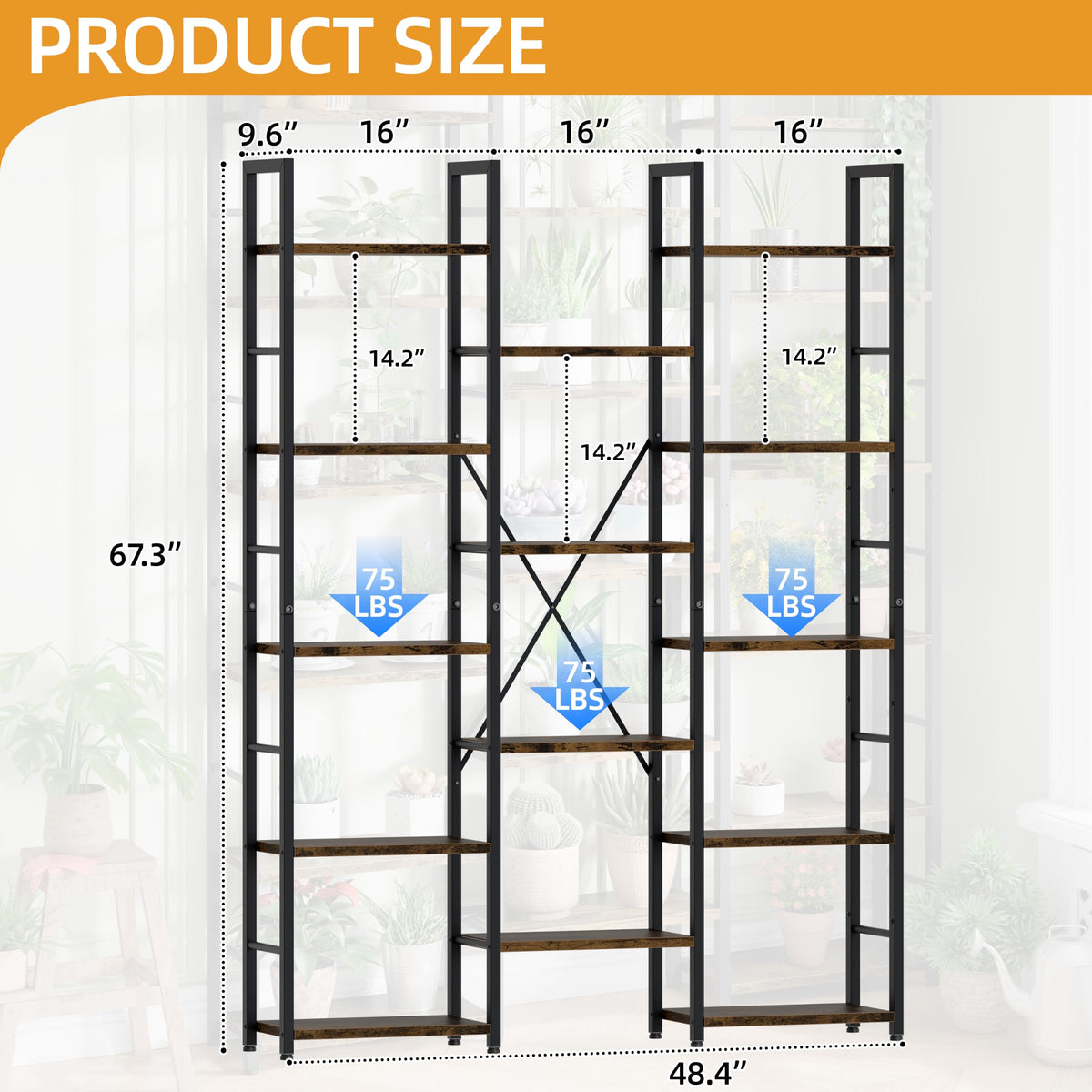 5 Tier Metal Bookshelf with Rustic Brown Shelves W139573